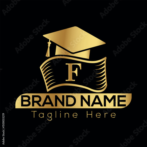 Premium quality education logo design with a golden shield and ribbon, Premium education logo with vintage badge and shield design F logo design
