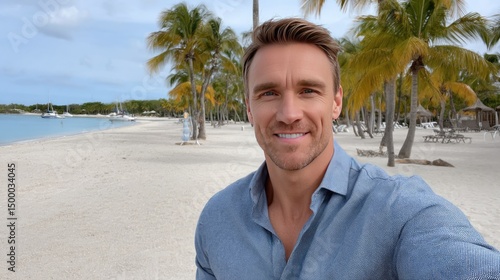 A young man takes a selfie on a beach with sailboats and palm trees behind him, capturing a sunny day