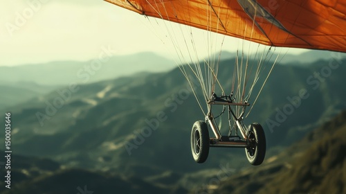 Low-angle view of a paraglider's equipment over mountains.