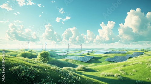 A serene landscape featuring green hills and renewable energy sources like wind turbines and solar panels under a bright blue sky with fluffy clouds, symbolizing sustainability and