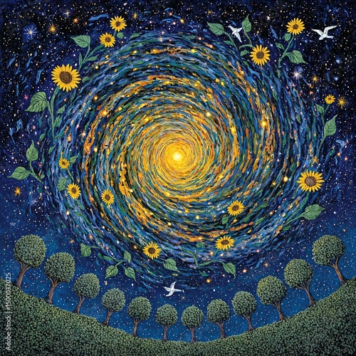 Vibrant folk art depicting sunflowers forming a galaxy birds flying under starry trees in deep indigos and golden hues