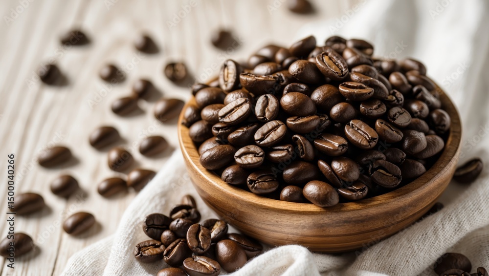 Fototapeta premium A wooden bowl filled with Golden Earth Espresso Beans, scattered across a white linen cloth. The beans are shiny and dark, with a rich, glossy finish. The background should be a soft, light beige