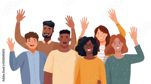 Diverse group of cheerful people waving hands in a friendly manner illustration