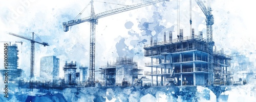 Watercolor illustration of a construction site with cranes and a skyscraper under construction