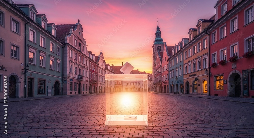 Naklejka premium Ballot box in urban landscape at sunset with historical architecture in the background 