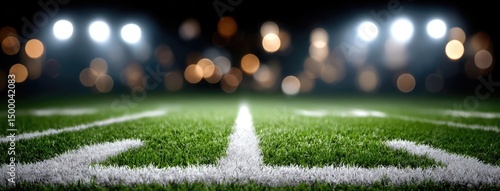 Bright stadium lights shine down on an American football field marked with white lines during a nighttime event