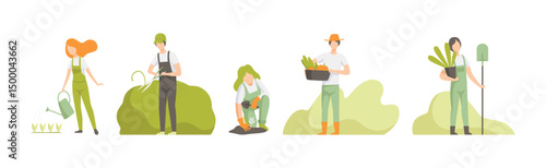 People Character Garden Worker Cultivating Crop Vector Set