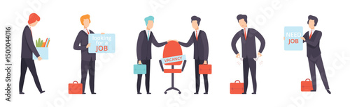 Man Character Searching for Job and Office Work Vector Set