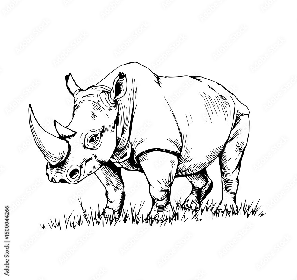 Fototapeta premium Robust Rhino: A majestic rhinoceros, rendered in monochrome, strides purposefully across a sparse grassy patch, its massive horn a testament to its power.