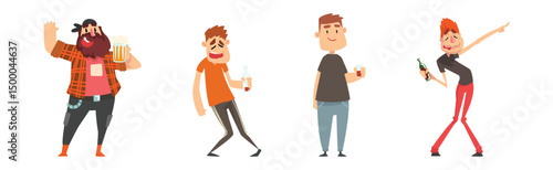 Man with Alcohol Drinking Spirits Relax at Bar Vector Set