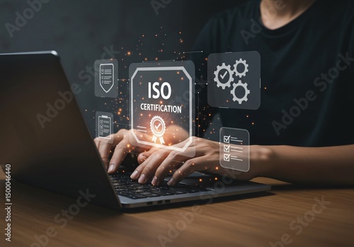 Iso certification standard quality control laptop technology business concept