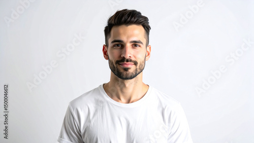 Professional Minimalist Headshot of Young Man in White T-Shirt on Light Background