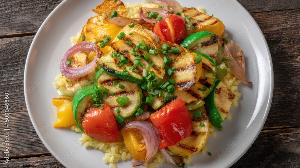 Delicious grilled vegetables featu zucchini, peppers, onions, and tomatoes served over a bed of yellow rice, garnished with fresh chives on rustic wood table.