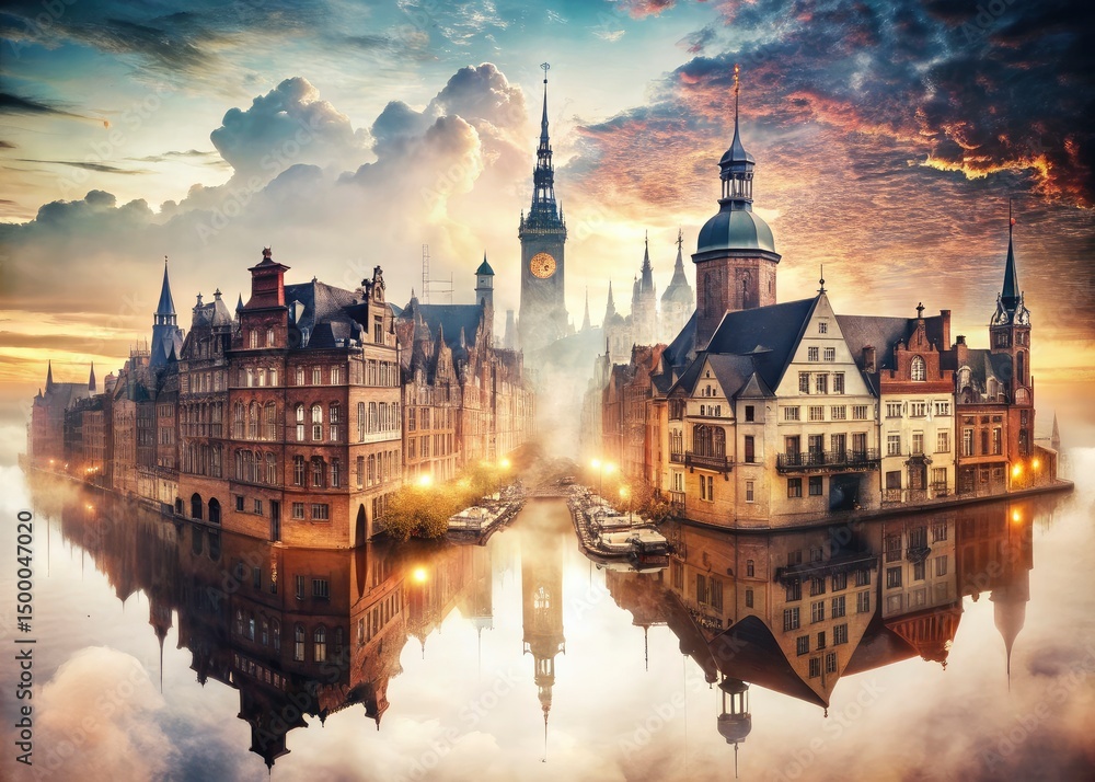 Obraz premium Double Exposure: Gabled European Cityscape, Historic Brick Architecture, Ornate Details, Fantasy Photo