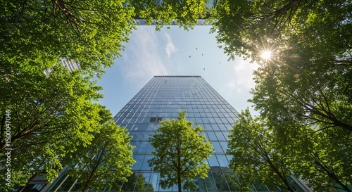 Modern office building green trees, architecture, cityscape, urban environment