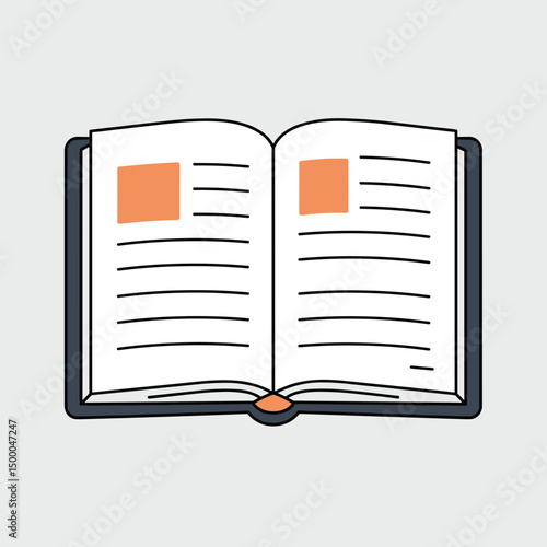 Open book with text and orange highlights on a gray background  