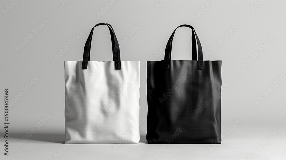 Blank black and white tote bags mockup on a gray studio background Blank black and white tote bags mockup on a gray studio background