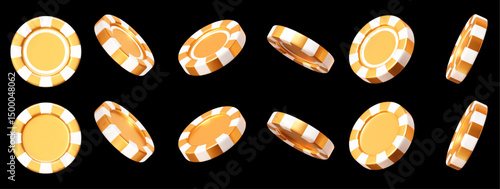 3d golden casino poker chips. Gold and white chips for betting and gambling games. Stock vector illustration on black isolated background.