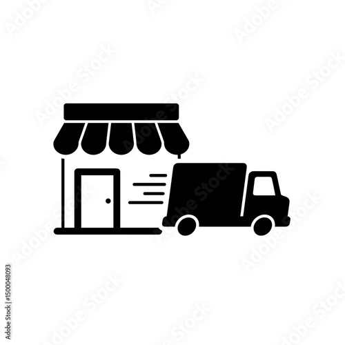 Delivery truck next to storefront in minimalist black style  