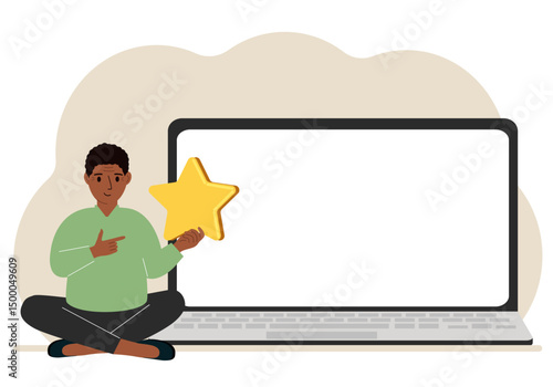 Online feedback, customer experience, user satisfaction concept. Man giving star rating online using laptop. Positive feedback, business survey.