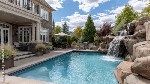 Gorgeous outdoor swimming pool set in a serene backyard with vibrant greenery and stylish patio furniture inviting relaxation