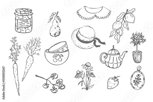 Cottagecore set cosy country rural things sketch. Retro cute whimsy farm themed cottage core aesthetic. Hobby collection, vegetables doodle.