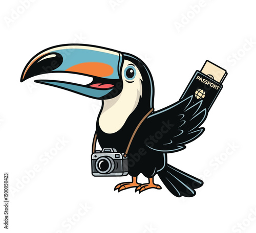 Cartoon Toucan Tourist with Camera and Passports
