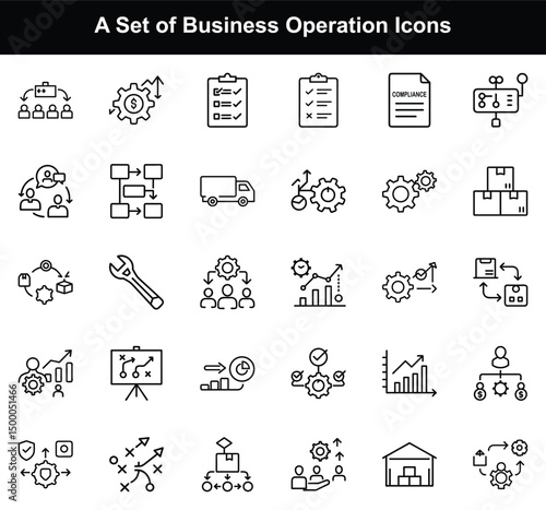 Business Operations Icons Set; Outline Style, Strategy, Management Icons on Transparent Background