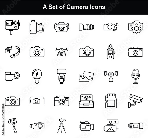 Camera Equipment Icons Set Outline Style with Action Camera and Video Camera Design