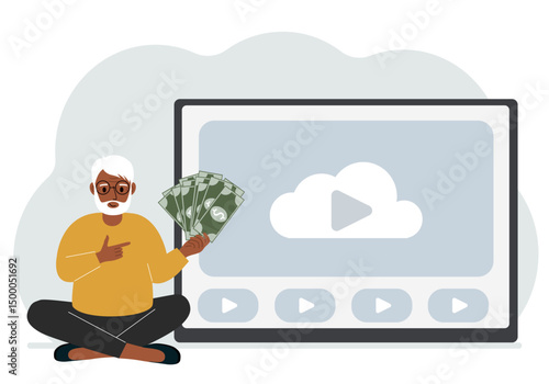 A man holds paper banknotes in his hand, next to a computer with a video. Freelancer, earning money, working on the Internet, training, coaching, business, remote work.