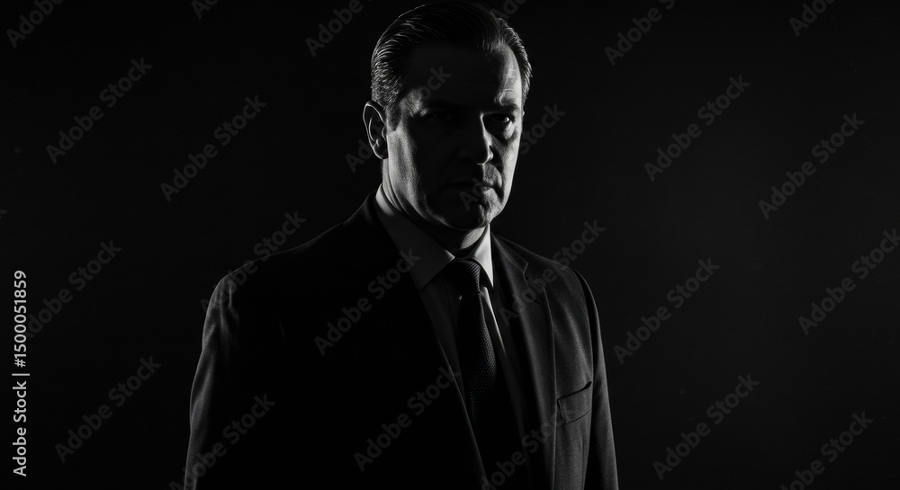 Obraz premium A man in a suit is captured in a dramatic black and white portrait with strong shadows. His intense expression creates a mysterious and cinematic noir atmosphere.