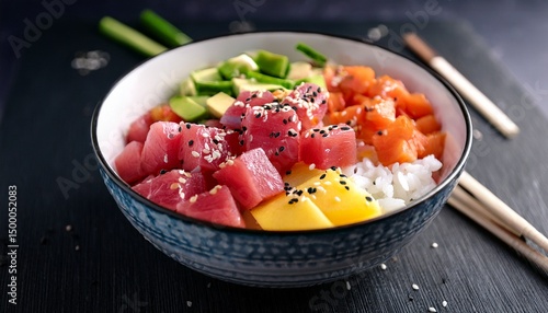 tropical hawaiian poke bowl featuring cubed tuna crisp onions and sesame seeds