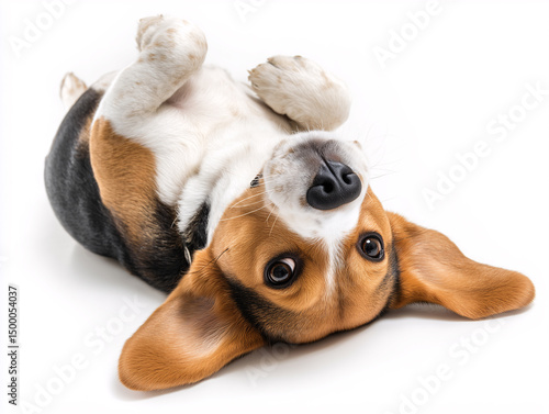 Beagle lying upside down on a white background