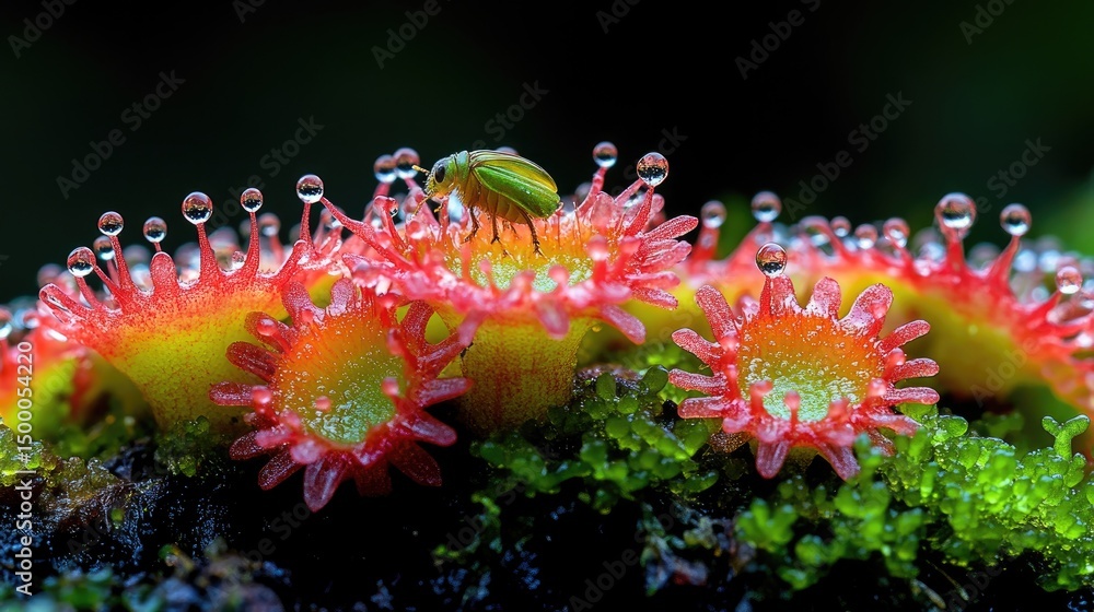 Fototapeta premium Vibrant, dew-kissed plant cluster, with insect