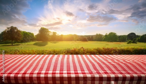 red checkered tablecloth on sunny picnic background
