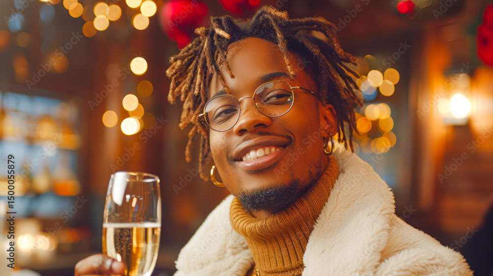 Smiling man with glasses holding champagne glass in festive bar atmosphere with warm lights Smiling man with glasses holding champagne glass in festive bar atmosphere with warm lights