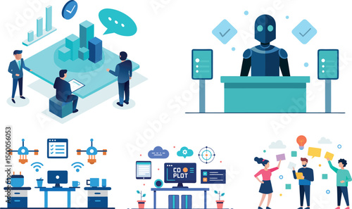 cohesive flat vector illustration set showcasing modern workplace and AI-driven technology themes, including business analytics meetings with 3D charts, an AI-powered robot at a service desk, 