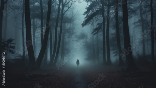Silhouette figure walking in a misty, dark forest