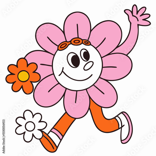 Happy Pink Flower Character Running, Cartoon Illustration