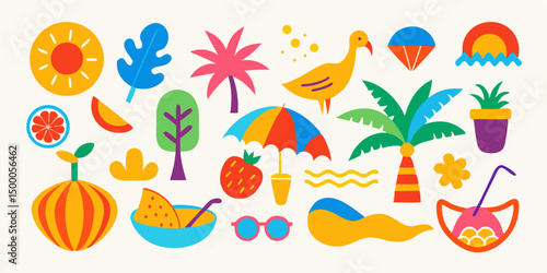 Summer Vacation Icons: Tropical Fruits, Beach Umbrella, Flamingo