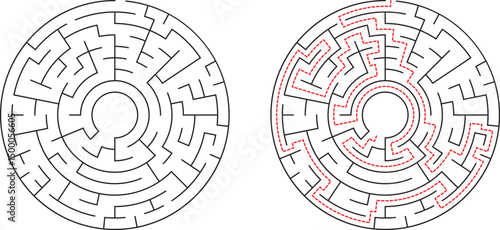 Circular Maze Puzzle Solution, Path, Labyrinth, Game, Challenge, Concentric, Rings, Brain Teaser