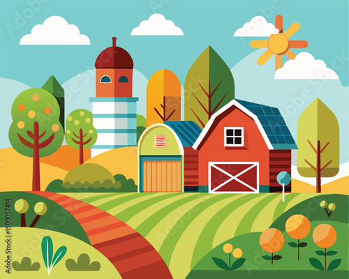 Picturesque Farm Scene. A Vibrant Countryside Landscape