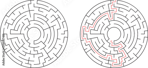 Circular Maze Puzzle Solution Path, Labyrinth, Game, Challenge, Brain Teaser, Concentric Design, Pro