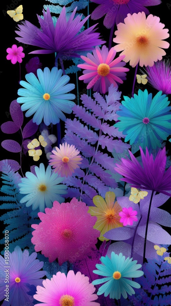 Fototapeta premium Vibrant Floral Pattern: Colorful Blossoms and Butterflies on Black Background