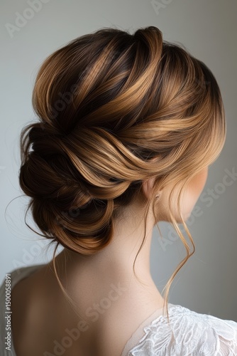 Elegant hairstyle with soft waves and intricate updo for a special occasion, highlighting subtle caramel and chocolate tones