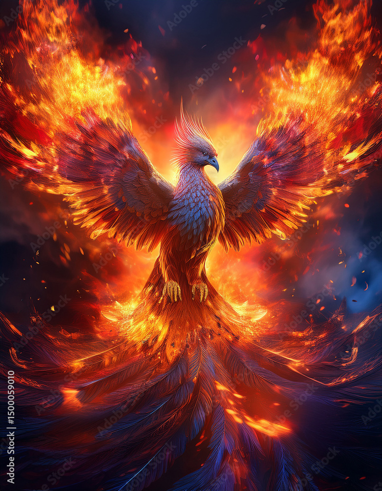 Fototapeta premium Generated Image of A phoenix rising from a bed of fire, wings engulfed in flame. Perfect focus on feather texture, swirling fire patterns, and light reflection.