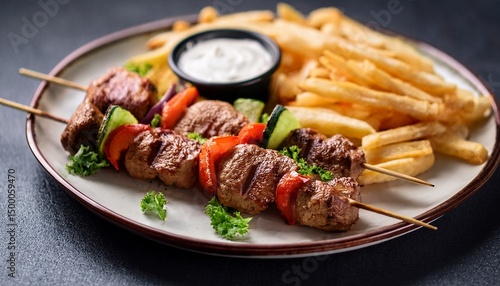 delicious grilled meat skewers served with fresh vegetables crispy fries and creamy dipping sauce create satisfying meal experience