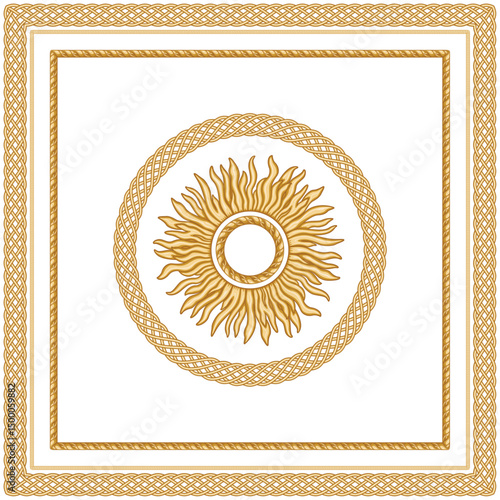Vector scarf, bandana print from gold baroque sun, golden braided frame and border on a white background