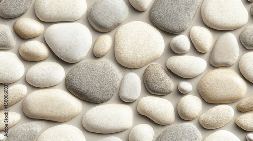 Collection of smooth, natural stones arranged in an artistic pattern suitable for decorative purposes or landscape design