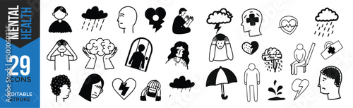Mental Health Icons Set – Depression, Anxiety, PTSD, Bipolar & Psychology Symbols


